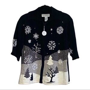 Holiday Christmas Black Ramie Cotton Blend Zip Med Y